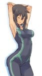  1girl :&lt; arms_behind_head auru_t breasts brown_hair character_request closed_eyes copyright_request dark_skin highres solo stretch tight unitard 