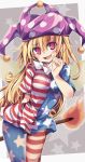  1girl american_flag_legwear american_flag_shirt blonde_hair blush clownpiece fairy_wings hat jester_cap jpeg_artifacts long_hair looking_at_viewer matsuri_uta open_mouth pantyhose print_legwear sharp_teeth short_sleeves smile solo star striped touhou wings 