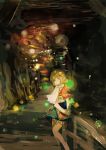  1girl arm_warmers atoki blonde_hair bridge commentary_request green_eyes highres looking_at_viewer mizuhashi_parsee pointy_ears railing sash scarf shirt skirt solo touhou 