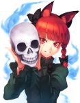  1girl animal_ears bow braid cat_ears dress grin hair_bow hair_ornament hair_ribbon kaenbyou_rin kaiza_(rider000) long_sleeves looking_at_viewer puffy_sleeves red_eyes redhead ribbon short_hair simple_background skull smile solo touhou twin_braids upper_body white_background 