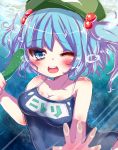  1girl blue_eyes blue_hair blush bubble cucumber fourth_wall hair_bobbles hair_ornament hat kawashiro_nitori matasabuyarou one-piece_swimsuit open_mouth school_swimsuit solo swimsuit touhou twintails underwater 