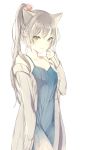  1girl animal_ears bangs blue_dress brown_hair cat_ears dress flower grey_hair hair_flower hair_ornament long_hair lp_(hamasa00) off_shoulder original ponytail simple_background sleeves_past_wrists solo sweater_vest white_background 