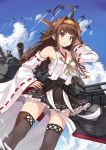  1girl ahoge airplane armpits blush brown_eyes brown_hair cannon condensation_trail detached_sleeves highres kantai_collection kongou_(kantai_collection) long_hair looking_at_viewer miniskirt miu_(angelo_whitechoc) nontraditional_miko sarashi skirt smile solo thigh-highs thighs turret 
