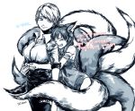  2girls alternate_costume animal_ears anna_(frozen) closed_eyes contemporary dj.meok elsa_(frozen) fox_ears fox_tail frozen_(disney) gloves hair_up hug hug_from_behind kemonomimi_mode kitsune korean monochrome multiple_girls siblings sisters smile tail tears translation_request 