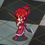  1girl animated animated_gif bare_shoulders boots bow detached_sleeves hair_bow hand_on_hip long_hair lowres magical_girl mahou_shoujo_madoka_magica niwatori_takeshi pixel_art polearm ponytail red_boots red_eyes redhead sakura_kyouko spear weapon 
