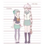  2girls ankle_boots black_boots boots bow buttons green_eyes grey_hair hair_bow hair_flaps hair_ornament hair_ribbon height_chart height_difference kantai_collection knee_boots long_hair looking_down looking_up mikeco multiple_girls navel pantyhose pink_hair ponytail ribbon school_uniform serafuku short_hair side_ponytail skirt standing tank_top very_long_hair yellow_eyes yura_(kantai_collection) yuubari_(kantai_collection) 