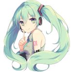  1girl bare_shoulders detached_sleeves finger_to_mouth hatsune_miku headgear looking_at_viewer mirechan0000 necktie number simple_background smile twintails vocaloid white_background 