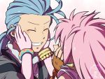  1boy 1girl arche_klein blue_hair chester_barklight closed_eyes couple gloves grin hand_on_another&#039;s_cheek hand_on_another&#039;s_face hetero long_hair mifuta pink_hair ponytail smile tales_of_(series) tales_of_phantasia 