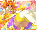  1girl amanogawa_kirara bangs blunt_bangs blush boots chin_rest cure_twinkle dark_skin earrings gloves go!_princess_precure jewelry long_hair looking_at_viewer magical_girl neko_majin orange_hair precure reclining smile solo star star_earrings tan thigh-highs thigh_boots thighs tiara twintails two_side_up violet_eyes white_gloves white_legwear 