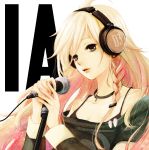  1girl ahoge bare_shoulders blonde_hair blue_eyes braid character_name choker headphones highres ia_(vocaloid) long_hair long_sleeves looking_at_viewer microphone_stand nao_(moronax) number off_shoulder open_mouth pink_hair pink_lips solo vocaloid white_background white_hair 