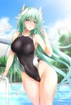  1girl bangs bare_shoulders black_swimsuit blue_sky blush breasts cleavage closed_mouth collarbone competition_swimsuit covered_navel dragon_girl dragon_horns eyebrows_visible_through_hair fate/grand_order fate_(series) green_hair highleg highleg_swimsuit hips horns kirisaki_byakko kiyohime_(fate/grand_order) large_breasts long_hair looking_at_viewer one-piece_swimsuit outdoors pool poolside sky smile solo striped striped_swimsuit swimsuit thighs tree vertical_stripes waist yellow_eyes 