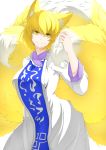  1girl blonde_hair dress fox_tail kashiwagi_(pixiv15394393) long_sleeves looking_at_viewer multiple_tails no_hat short_hair simple_background smile solo tabard tail touhou white_background white_dress yakumo_ran yellow_eyes 
