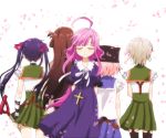  5girls ahoge arms_behind_back black_legwear blush brown_hair cherry_blossoms closed_eyes cross cross_necklace dress ebisuzawa_kurumi gakkou_gurashi! garter_straps hair_ornament hat jewelry long_hair multiple_girls naoki_miki necklace pillow_hat pink_hair purple_dress purple_hair ribbon sakura_megumi school_uniform short_hair short_sleeves shovel silver_hair skirt smile takeya_yuki thigh-highs twintails wakasa_yuuri white_background worktool 