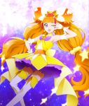  1girl amanogawa_kirara bare_shoulders blush boots commentary_request cure_twinkle detached_sleeves earrings eyelashes gloves go!_princess_precure happy highlights jewelry kisuke_(akutamu) long_hair looking_at_viewer low-tied_long_hair magical_girl multicolored_hair one_eye_closed open_mouth orange_hair petticoat precure quad_tails redhead skirt smile solo standing star star_earrings streaked_hair thigh-highs thigh_boots twintails two-tone_hair very_long_hair violet_eyes white_boots white_legwear yellow_skirt zettai_ryouiki 