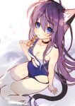  1girl animal_ears blue_eyes blush breasts byulzzimon cat_ears cat_tail cleavage covered_navel knees_together_feet_apart long_hair looking_at_viewer one-piece_swimsuit original parted_lips purple_hair school_swimsuit scissors sitting solo swimsuit tail thigh-highs torn_clothes torn_swimsuit 