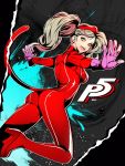  1girl blonde_hair blue_eyes bodysuit cat_tail catsuit earrings eu_(euspia) from_behind jewelry mask outstretched_arms persona persona_5 smile solo tail takamaki_ann takamaki_anzu twintails 