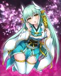  1girl :d aqua_hair fan fate/grand_order fate_(series) horns japanese_clothes kimono kiyohime_(fate/grand_order) long_hair obi ohitashi_netsurou open_mouth sash smile solo thigh-highs yellow_eyes zettai_ryouiki 