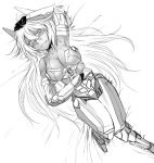  1girl breasts coyote_tango dos_(artist) fang headgear long_hair lying mecha_musume monochrome on_back pacific_rim personification solo 