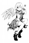 1girl bow bowtie dress highres jacket kishin_sagume monochrome one_eye_closed open_clothes ruukii_drift shirt short_hair simple_background single_wing sketch smile solo touhou white_background wings 