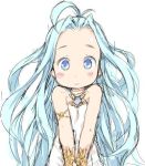  1girl ahoge armlet bare_shoulders blue_eyes blue_hair blush bracer dress granblue_fantasy ham_(points) long_hair looking_at_viewer lowres lyria_(granblue_fantasy) simple_background smile solo upper_body v_arms white_background white_dress 