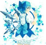  1girl :p bloomers blue_eyes blue_hair bow cirno hair_bow ice ice_wings puffy_short_sleeves puffy_sleeves ribbon shiu_(pika) short_hair short_sleeves smile solo star starry_background tongue tongue_out touhou underwear v wings 