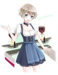  1girl alternate_costume apron blue_eyes coffee coffee_maker_(object) dirndl dress german_clothes highres iron_cross jewelry kantai_collection necklace retorillo short_hair silver_hair solo underbust z1_leberecht_maass_(kantai_collection) 
