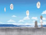  2girls arms_at_sides black_hair black_skirt blazer blue_sky boots brown_hair clouds comic concrete dress facing_away from_behind hair_ornament hatsushimo_(kantai_collection) headgear horizon kantai_collection long_hair long_sleeves low-tied_long_hair m19_(artist) multiple_girls ocean on_wall outdoors pier sailor_dress school_uniform serafuku shoes short_dress short_hair sitting skirt sky socks standing translation_request wall yukikaze_(kantai_collection) 