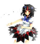  1girl bangle black_hair blush_stickers bow bracelet dress horn_bow horns jewelry kijin_seija multicolored_hair outstretched_arm puffy_sleeves red_eyes redhead short_hair short_sleeves smbrly smile solo streaked_hair touhou white_hair 