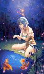  1girl aken bare_shoulders barefoot blue_hair breasts brown_eyes cleavage firefly fish goldfish hair_between_eyes hairband highres jewelry large_breasts lips necklace original parted_lips pond short_hair sitting sky star_(sky) starry_sky twitter_username wariza 