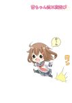  1girl blush_stickers brown_hair chibi commentary_request fang fujishima_shinnosuke hair_ornament hairclip ikazuchi_(kantai_collection) jumping kantai_collection neckerchief open_mouth outstretched_arms running school_uniform serafuku short_hair solid_circle_eyes spread_arms thigh-highs translated 