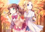  2girls autumn autumn_leaves bag blonde_hair blue_eyes blush bowtie brown_hair cup dragonfly female glasses green_eyes hairband insect jacket long_hair multiple_girls original school_bag school_uniform skirt smile tree twintails yamada_ako 