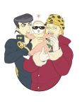  1girl 2boys baby beard black_hair facial_hair glasses hat higashikata_jousuke jojo_no_kimyou_na_bouken joseph_joestar lipstick makeup multiple_boys old_man pompadour shirano shizuka_joestar sunglasses 