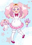  1girl :d apron aroma_(go!_princess_precure) bird bloomers blue_background bow dog dual_persona frills go!_princess_precure gunuko heart heart-shaped_pupils highres long_hair mary_janes open_mouth pantyhose personification pink_hair pink_skirt precure puff_(go!_princess_precure) red_bow red_shoes shoes skirt smile star starry_background symbol-shaped_pupils underwear violet_eyes white_legwear 
