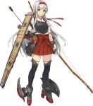  1girl aa_gun airplane archery arrow blush boots bow_(weapon) brown_eyes flight_deck full_body hairband japanese_clothes kantai_collection konishi_(koconatu) kyuudou long_hair muneate official_art ribbon shoukaku_(kantai_collection) silver_hair simple_background skirt smile solo thigh-highs thigh_boots transparent_background turbine weapon yugake 