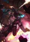  1girl armpits bandolier belt bikini_top blue_hair boots braid breasts bullet character_name city dog_tags embers evil_grin evil_smile explosion explosive fingerless_gloves gloves glowing glowing_weapon grenade grin gun handgun jinx_(league_of_legends) league_of_legends lonely_nero midriff minigun navel night pale_skin pink_eyes pistol rocket_launcher short_shorts shorts small_breasts smile smoke solo tattoo thigh-highs toned under_boob weapon 