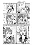  ! 3girls :d ahoge closed_eyes fang hair_ornament i-58_(kantai_collection) italian kantai_collection libeccio_(kantai_collection) littorio_(kantai_collection) monochrome multiple_girls number open_mouth petals ponytail school_uniform serafuku short_hair smile spoken_exclamation_mark text translated twintails watanore 