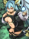  1girl asymmetrical_wings bare_shoulders blue_hair blush boots breasts dizzy guilty_gear hair_ribbon kawacchi_hirohiro kneeling knees_together_feet_apart large_breasts long_hair magic navel open_mouth outstretched_arm red_eyes ribbon solo tail tail_ribbon thigh-highs wings 
