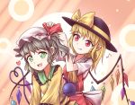  2girls adjusting_bow alternate_hairstyle blonde_hair bow crystal eyeball fang flandre_scarlet green_eyes green_hair hat hat_ribbon headwear_switch heart heart_of_string komeiji_koishi long_sleeves looking_at_another looking_at_viewer minust mob_cap multiple_girls musical_note open_mouth pointy_ears red_eyes ribbon shirt short_hair short_sleeves side_ponytail skirt skirt_set smile string third_eye touhou upper_body vest wide_sleeves wings 