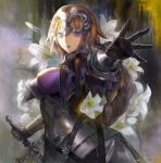  1girl armor armored_dress astarone blonde_hair braid dress fate/apocrypha fate/grand_order fate_(series) gauntlets headpiece long_hair outstretched_arm parted_lips ruler_(fate/apocrypha) single_braid solo sword violet_eyes weapon 
