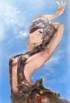  1girl aos_libido armpits arms_up blue_background breasts brown_eyes cleavage eyepatch granblue_fantasy highres navel short_hair sideboob silver_hair solo tania_(granblue_fantasy) 