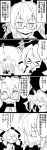  &gt;_&lt; 1boy 1girl 4koma absurdres ahoge anger_vein bangs blush bow cape choker closed_eyes comic commentary emphasis_lines flying_sweatdrops futa4192 glasses greyscale hair_between_eyes hat hat_bow highres low_twintails monochrome morichika_rinnosuke school_uniform smirk snort sweatdrop touhou translated twintails usami_sumireko 