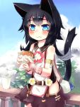  1girl animal_ears armband bare_shoulders black_hair blue_eyes blush cat_ears cat_tail crr_w9kd cup drinking_straw eating food hamburger long_hair skirt sky sleeveless solo tail 