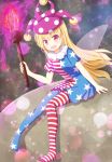  1girl american_flag_legwear american_flag_shirt blonde_hair blush clownpiece fairy_wings hat jester_cap long_hair looking_at_viewer moon nenosame_(nenosame5_) open_mouth pantyhose print_legwear red_eyes short_sleeves sitting smile solo star striped touhou wings 