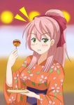  /\/\/\ akashi_(kantai_collection) alternate_hairstyle blush breasts commentary_request eating food hair_ribbon hiromon japanese_clothes kantai_collection kimono long_hair looking_at_viewer pink_hair ponytail ribbon school_uniform solo takoyaki yukata 