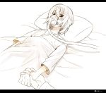 1girl bed erubo hands holding holding_hands looking_at_viewer lying on_back pillow red_eyes sepia spot_color translation_request 