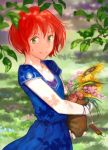  1girl akagami_no_shirayukihime badge bag candide dress flower green_eyes looking_at_viewer redhead shirayuki_(akagami_no_shirayukihime) short_hair solo 