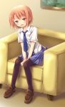  1girl brown_eyes charlotte_(anime) couch hinokami_sakura medoki_(charlotte) necktie pantyhose pink_hair school_uniform short_hair sitting 