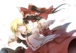  2girls blonde_hair bow braid brown_hair cherry_blossoms closed_eyes dena.ei detached_sleeves dress hair_bow hair_tubes hakurei_reimu hat highres holding_hands kirisame_marisa long_hair looking_at_another multiple_girls open_mouth petals ribbon-trimmed_sleeves ribbon_trim simple_background sketch smile touhou white_background witch_hat yellow_eyes 