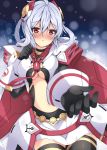  1girl ahoge armor black_legwear blush breasts center_opening gauntlets hair_rings headgear highres matoi_(pso2) milkpanda navel phantasy_star phantasy_star_online_2 pov red_eyes shield tears thigh-highs twintails under_boob white_hair zettai_ryouiki 