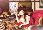  1girl amo_(rnrkrn) bare_shoulders breasts brown_eyes brown_hair cleavage cookie cushion dress food hairband large_breasts long_hair lying on_stomach original solo vase 